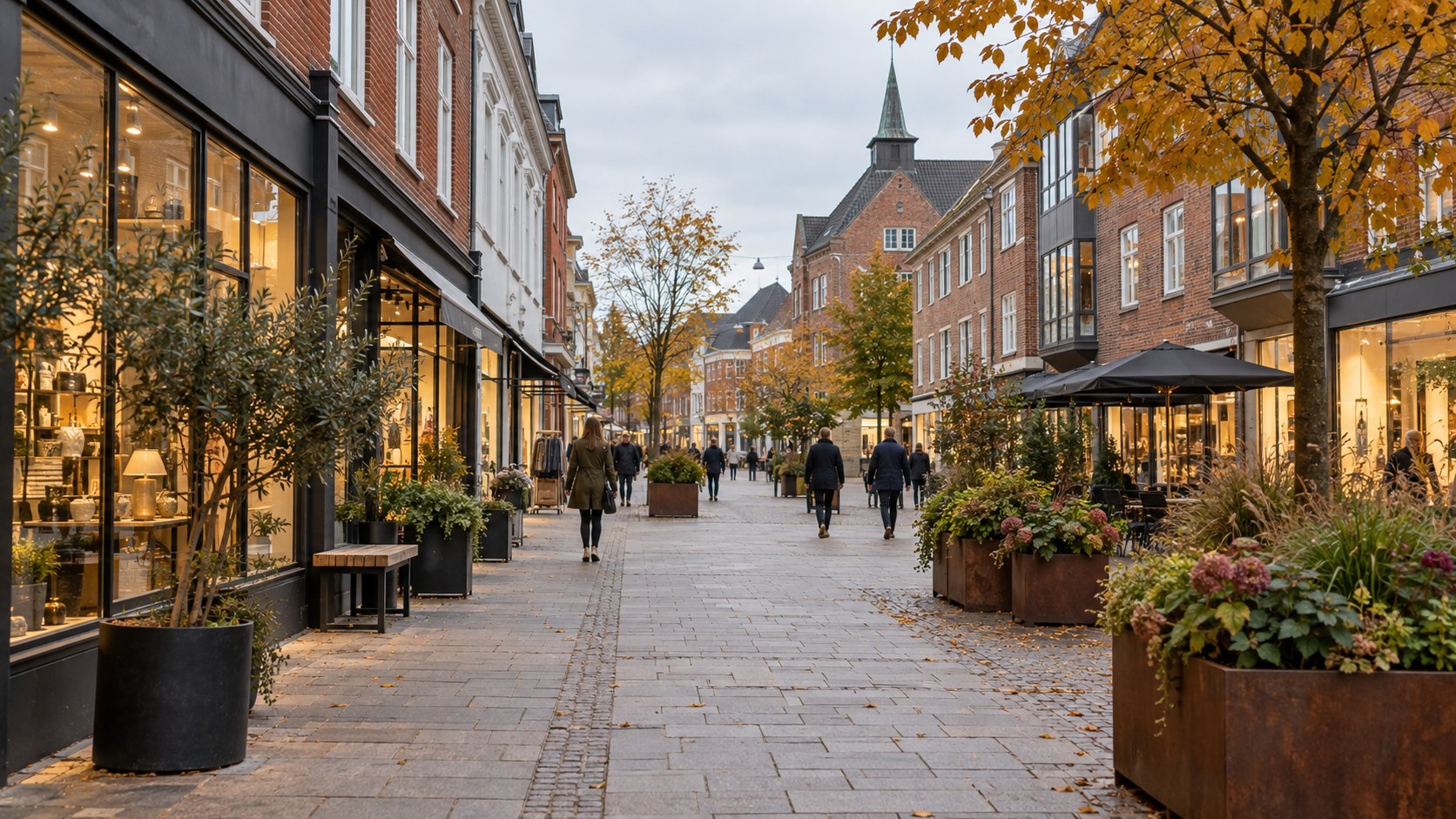 AI-genereret redaktionelt stemningsfoto af et dansk bymiljø inspireret af Herning